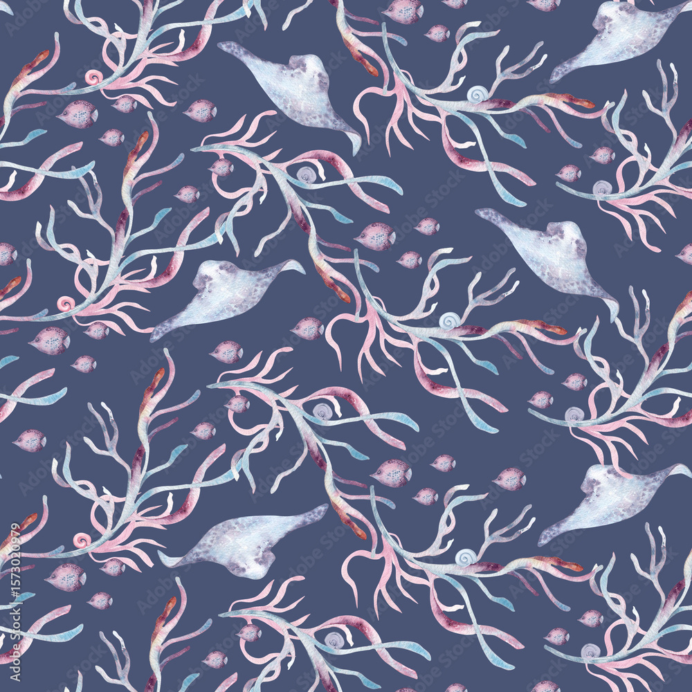 Fototapeta premium Watercolor ocean seamless texture with pastel corals, stingrays, and tropical fishes isolated. Monochrome repeated marine pattern painted for fabric, packaging, sea background, and beach accessories.