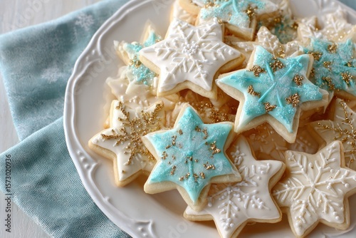 A plate of beautifully decorated sugar cookies in the shape of snowflakes and stars, top-down view, holiday baking.