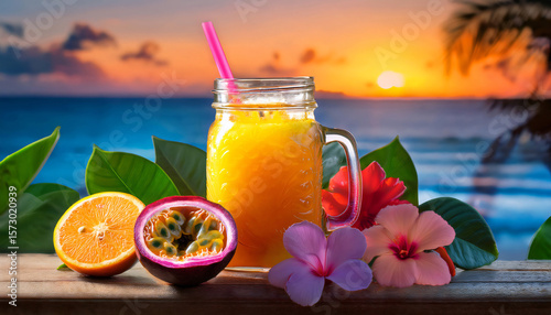  A neon-colored Hawaiian POG juice (passion fruit, orange, guava) in a chilled mason jar with tropical fruits