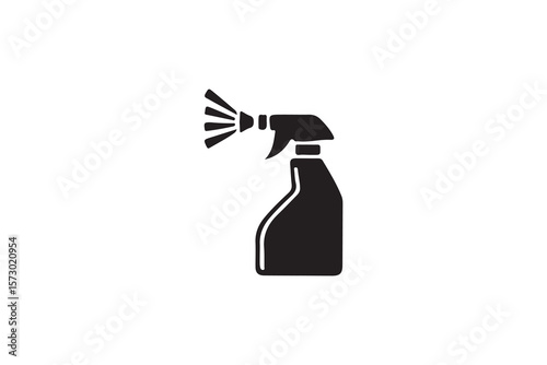 Black and white spray bottle icon for cleaning products.A simple, black and white silhouette of a spray bottle dispensing a mist.