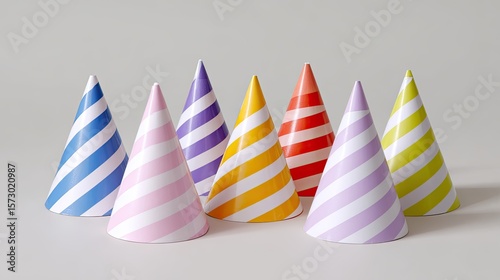 Colorful Party Hats with Stripes on Neutral Background for Celebration