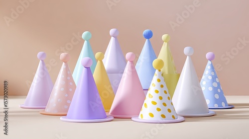 Colorful Party Hats on Beige Background for Celebrations and Events