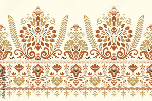 Ethnic ikat paisley floral border pattern with ornamental motifs and embroidery details in boho Indian Aztec style, seamless vector textile design for fabric, wallpaper, decoration, or print.