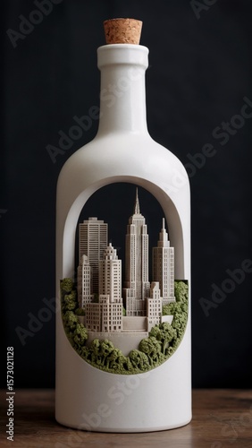 Miniature New York Cityscape Inside Ceramic Bottle With Cork Top - Urban Skyline Diorama Sculpture