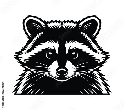 Cute Raccoon Head Mascot, Black and White Vector Logo Illustration