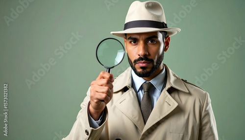 Bearded Man in Tan Hat and Trench Coat Holding a Magnifying Glass Against Green Background