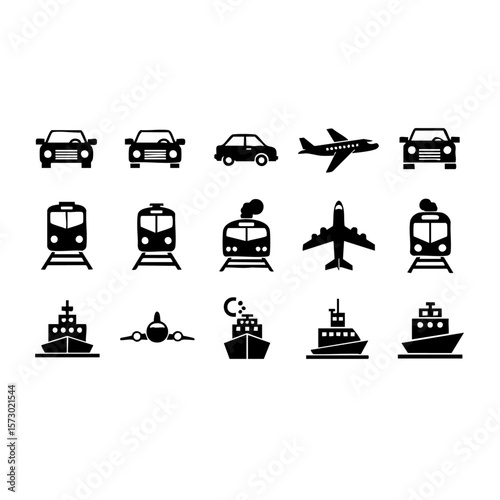 Transportation Icons Car, Train, Airplane, Ship Vector Graphics