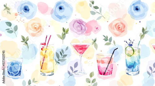 Watercolor Cocktail Patterns on white background	