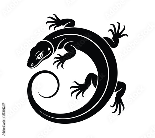  Stylized Komodo Dragon in a Coiled Shape, Isolated Vector