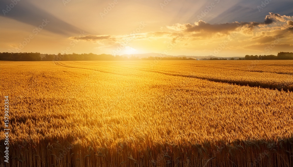 Fototapeta premium golden field with rows of crops, glowing in the light of the setting sun, creating a peaceful and abundant agricultural scene, with plenty of copy space for text space