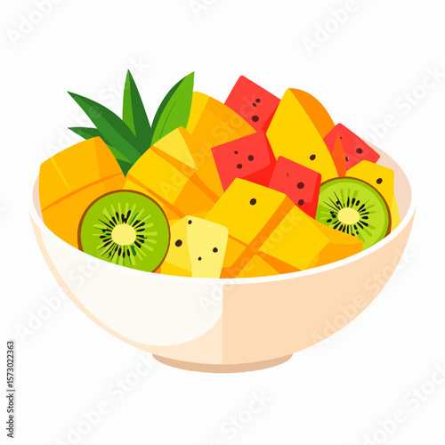 Assorted Tropical Fruits Bowl with Mango Kiwi Watermelon and Pineapple on White Background a Healthy Food Concept