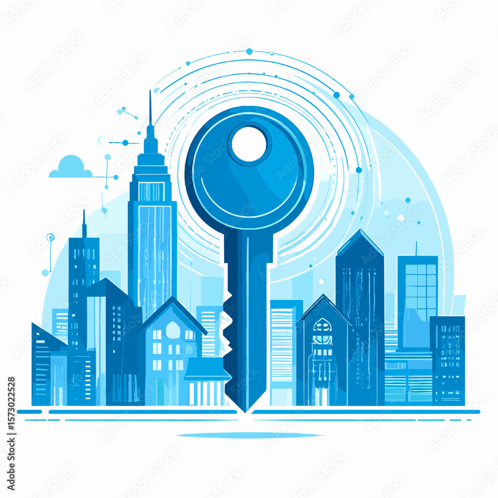 Fototapeta premium Blue Key Overlays Modern Cityscape Architecture with Tall Buildings and Skyline in a Flat Design