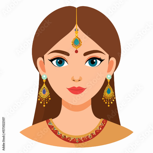 Beautiful Young Woman Portrait with Brown Hair and Teal Gem Jewelry with Traditional Ethnic Clothing and Red Lip Stick in a Vector Illustration