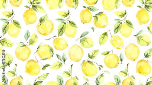 Lemon seamless border fruit illustration, cute citrus watercolor digital file on a white background close up	
