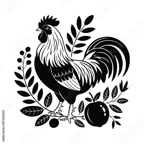 Elegant Farm Rooster Vector Vintage Style Bird Icon On White Background

