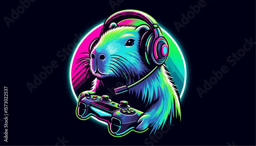 A capybara wearing a headset and holding a gaming controller 