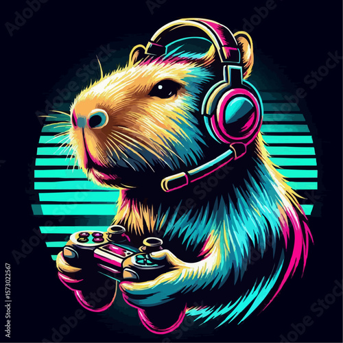 A capybara wearing a headset and holding a gaming controller 