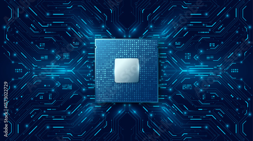Futuristic CPU microchip with illuminated circuit board on dark blue background. Glowing hi-tech motherboard design with data connections, processor and electronic elements. Vector illustration.
