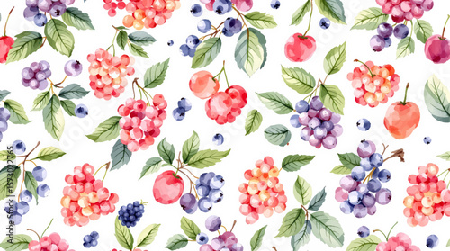 Seamless pattern of fresh fruits and vegetables on a white background