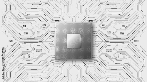 Realistic monochrome CPU microchip with circuit board for Technology background. Futuristic motherboard design with data connections, processor and electronic elements. Vector illustration.