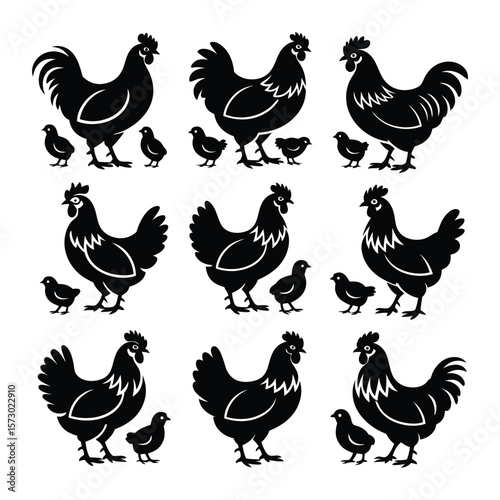 Happy Chicken Family in Grass, Easter or Nursery Label On White Background