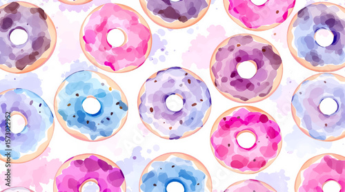 Watercolor pattern of multi-colored donuts with sprinkles on a white background	