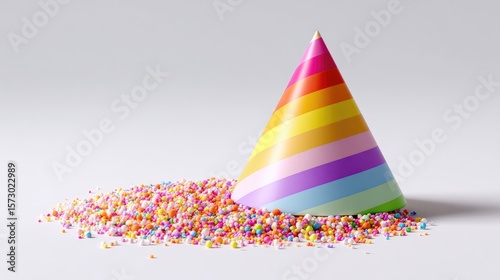 Brightly Colored Party Hat Surrounded by Vibrant Sprinkles and Confetti