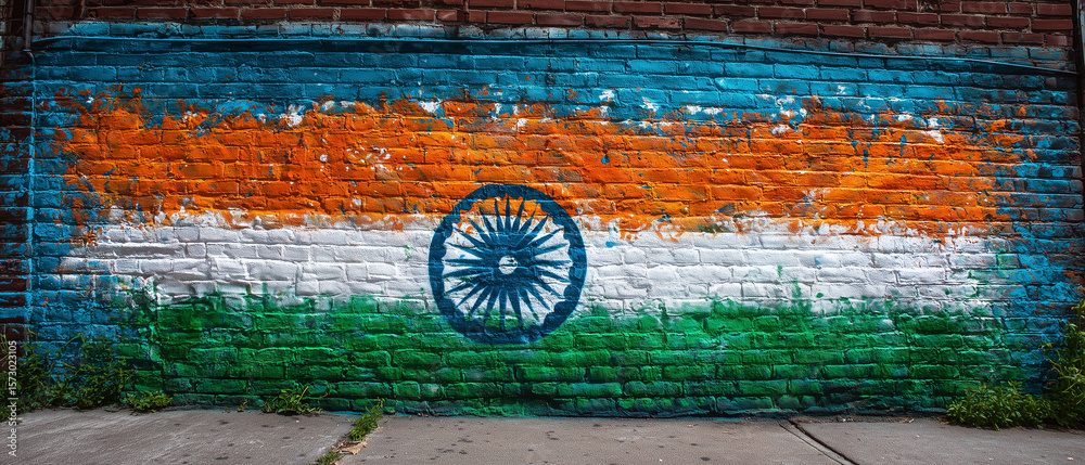 Indian flag mural painted on brick wall in urban setting Indian flag mural painted on brick wall in urban setting