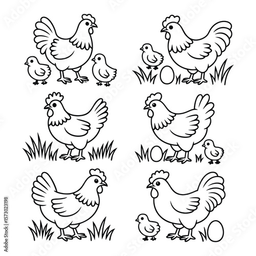 Motherhood in Nature, Hen and Chicks Vector Art On White Background