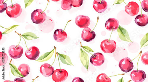 Watercolor red cherries on white background seamless vector pattern	