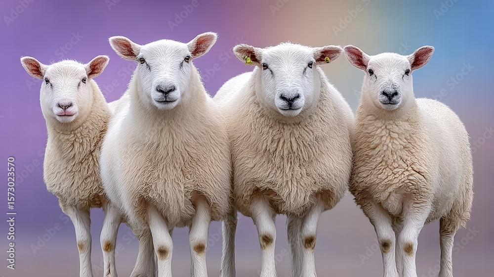 Fototapeta premium Trio of sheep standing in a perfect row on a green pasture under a bright sunny sky in a peaceful farm setting