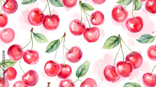 Seamless pattern of red cherries on white background for textiles or wallpapers