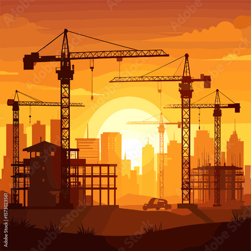 Construction Site at Sunset with Cranes and City Silhouette Against a Vibrant Orange Sky