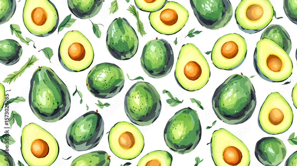 Watercolor background pattern avocado on white background	