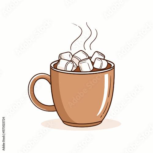 Cozy Brown Mug Overflowing with Hot Cocoa and Marshmallows with Steaming Illustration on a White Background