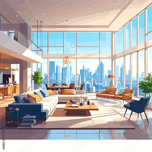 Contemporary Living Room with City Skyline View a Modern Apartment Interior featuring Blue and Brown Accents in a Spacious Open Concept Layout