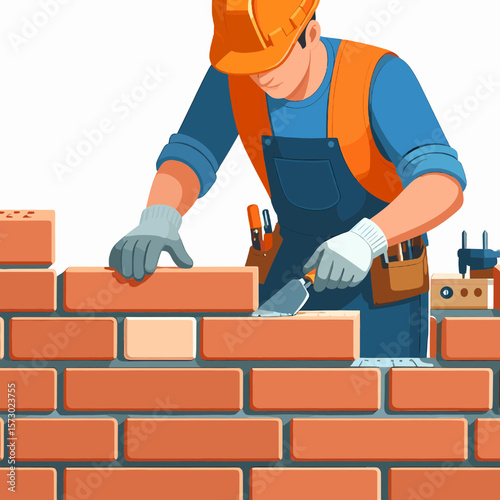 Craftsman Laying Bricks in an Orange Hard Hat and Blue Overalls Constructing Brickwork Wall