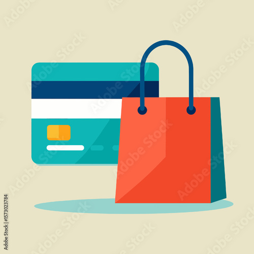 Credit Card and Shopping Bag Graphic in Teal and Red on Beige Background with Modern Flat Vector Design