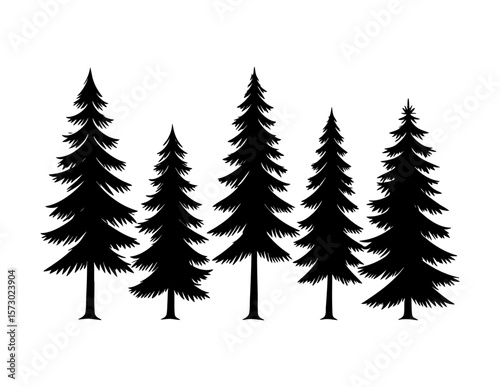 Five black silhouette pine trees perfect for naturethemed designs, outdoor posters, forest illustrations, wilderness logos, and Christmas greeting cards.