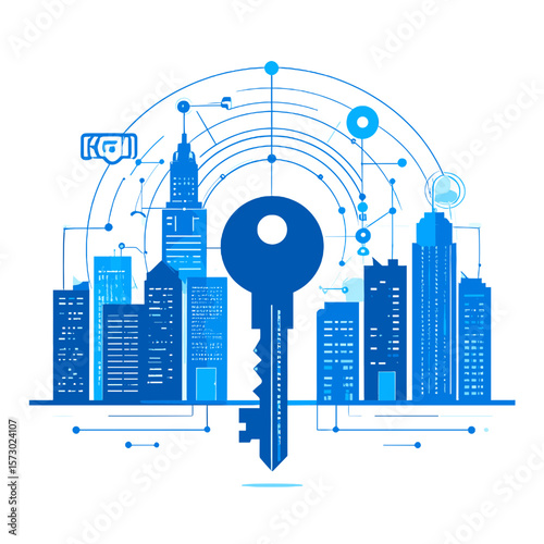 Abstract Blue Cityscape with Key Symbolizing Urban Technology Network and Modern Architecture on a White Background