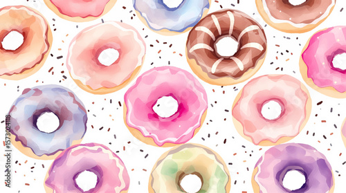Watercolor pattern of multi-colored donuts with sprinkles on a white background	