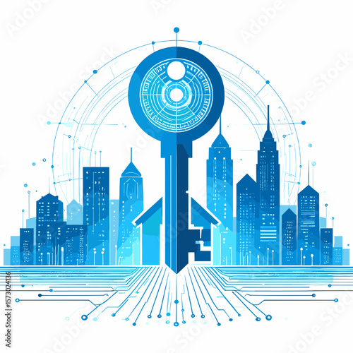 Abstract Blue Key Above Cityscape Representing Modern Real Estate and Urban Development with Home Security in Architectural Design