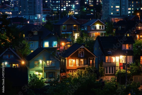 Wallpaper Mural Nighttime city skyline shows glowing houses and towering skyscrapers in vibrant urban environment, Night timelapse of houses and skyscrapers in a city Torontodigital.ca