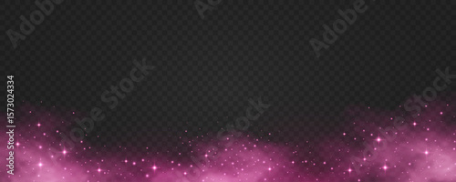 Abstract magical pink fog with glowing dust and sparkling stars on transparent background. Light effect of universe stardust. Glitter lights for holiday or romantic fantasy design. Vector illustration