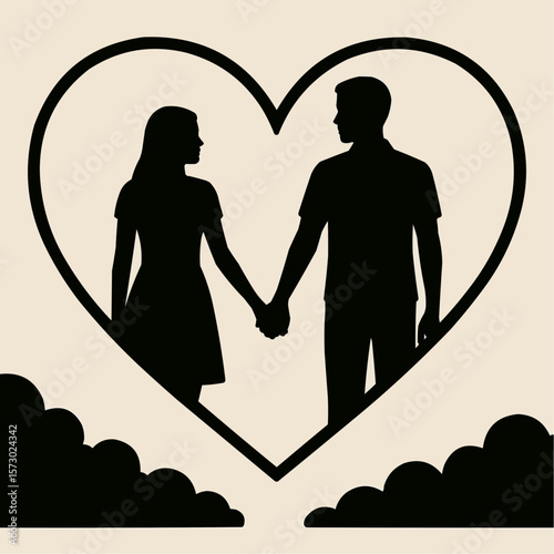 A vector silhouette illustration of a couple dancing, holding hands, and forming a heart shape,