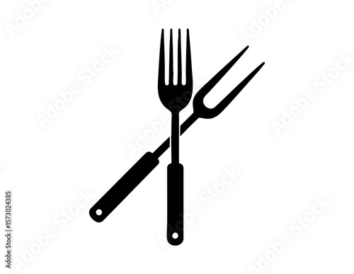 Dinner fork and barbecue fork icon for food and cooking concepts, kitchen utensil advertisements, culinary blogs, picnic and grilling themes.