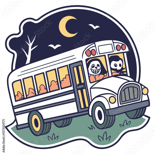 Spooky cartoon school bus with skeleton driver and ghost passenger driving through a dark night landscape under a crescent moon and stars with birds flying overhead