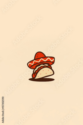 Cute cartoon taco character wearing a red sombrero with minimalist design on light beige background
