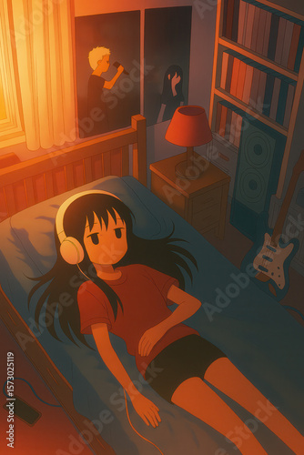 Anime style girl lying on bed with headphones listening to music in cozy dimly lit bedroom with posters and guitar