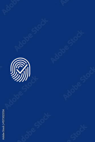 Fingerprint with check mark security authentication icon on solid blue background representing identity verification and biometric approval